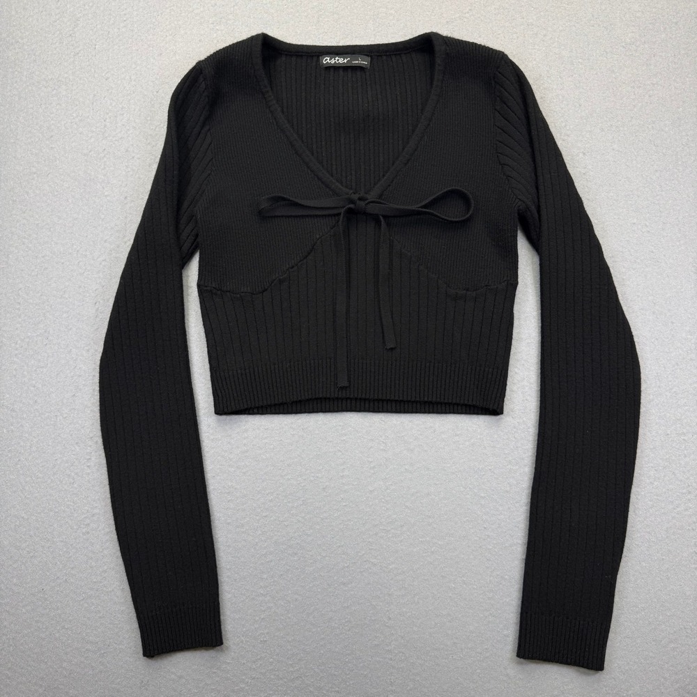 Aster Womens Black Ribbed Knit V-Neck Front Tie‎ Cropped Sweater SW8518 Size L